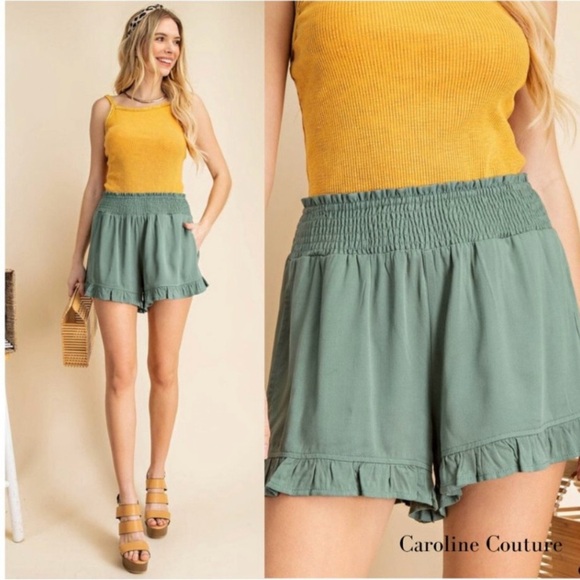 NWT Kori Green High Waist Shorts with Flowy Ruffle Hem - Picture 1 of 7